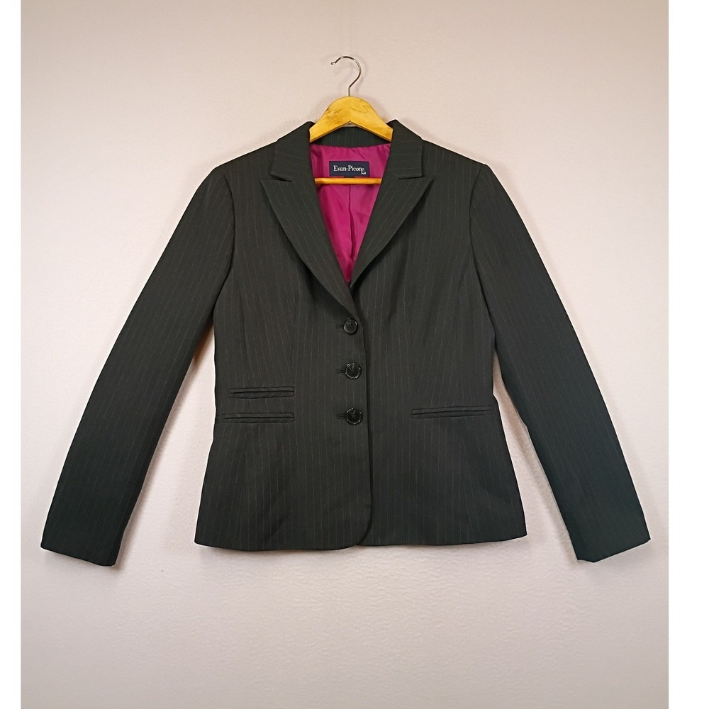 Dark Academia Evan-Picone Womens 6 Grey Pinstripe 3-Button Blazer Fuchsia Lining